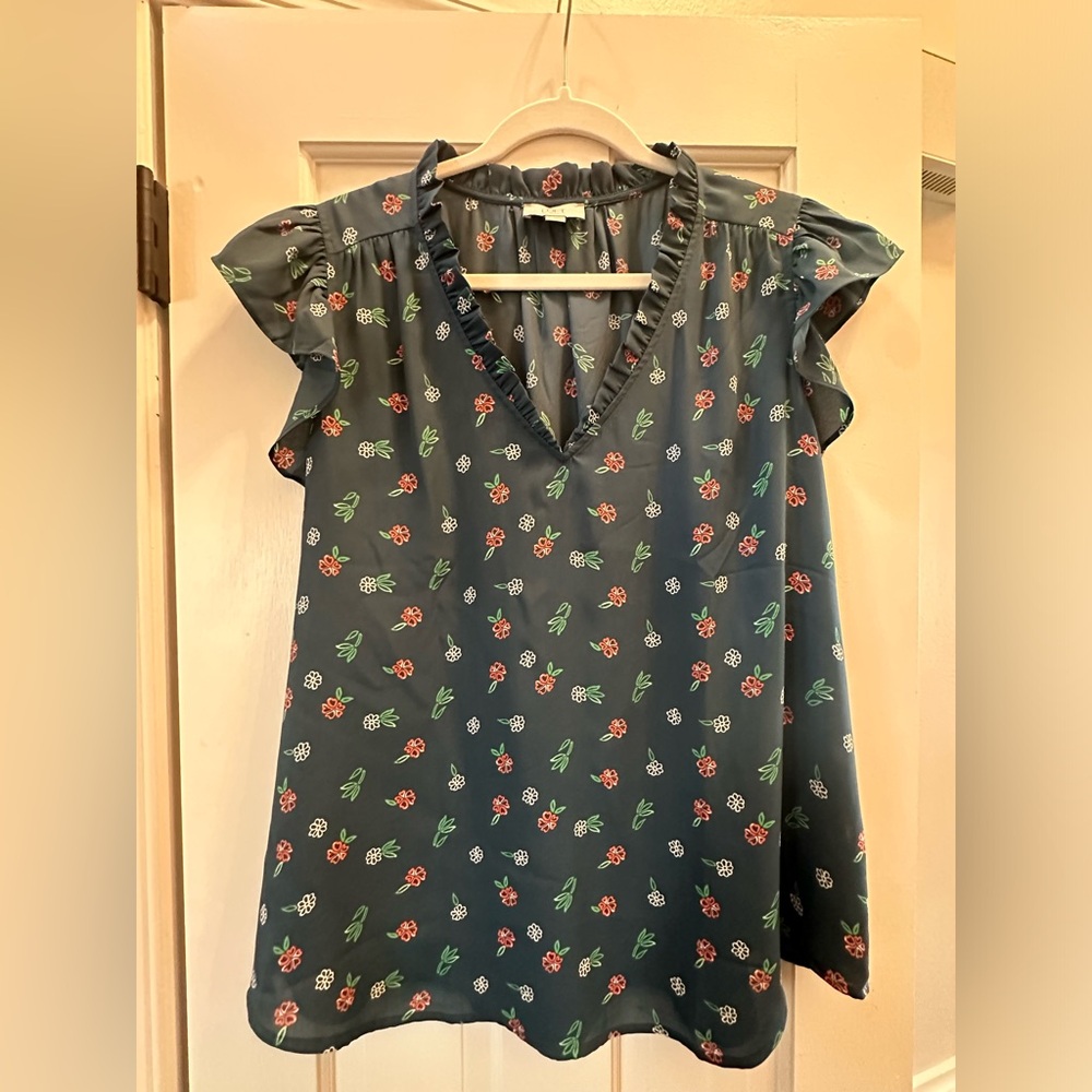 LOFT Navy Floral Ruffle V-Neck Blouse